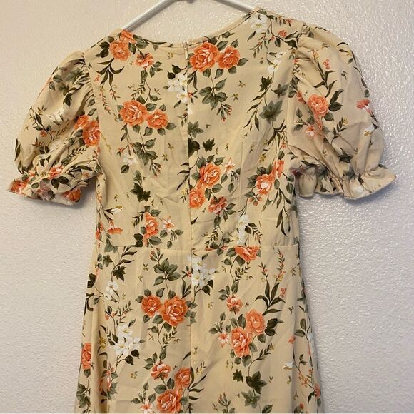 Floral midi dress sweetheart neckline button front puff sleeve feminine Dress XS - Picture 4 of 12